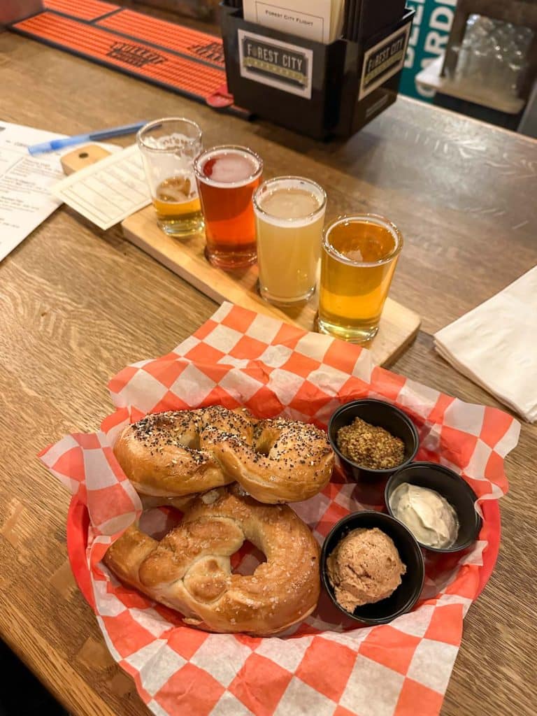 Beer flight and pretzels at Forest City