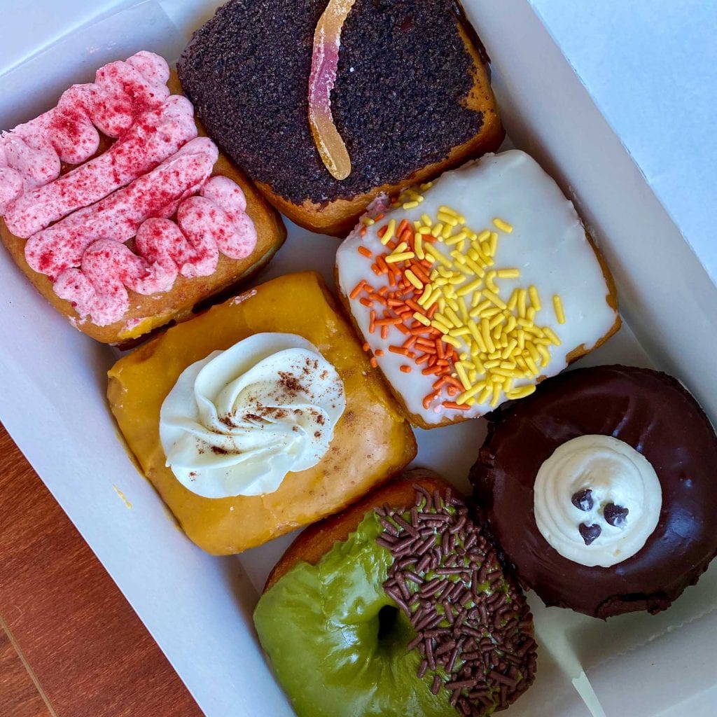 Halloween donuts in a box.