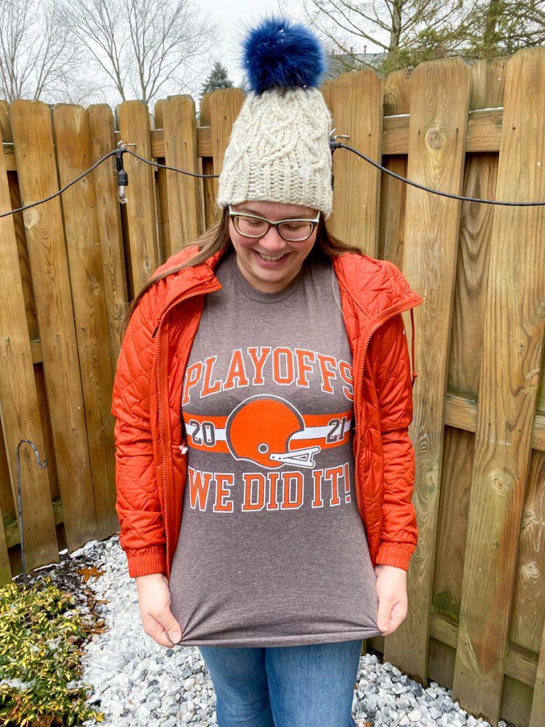 Amanda in a Browns playoff tshirt